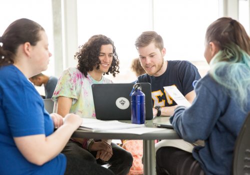 Students sitting a table looking at a laptop